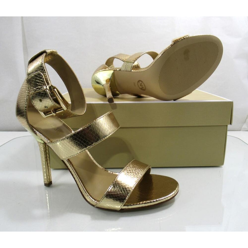 Michael Kors Amal Ankle Strap Sandal High Heel Metallic Leather Pale Gold Size 8 - Picture 8 of 9